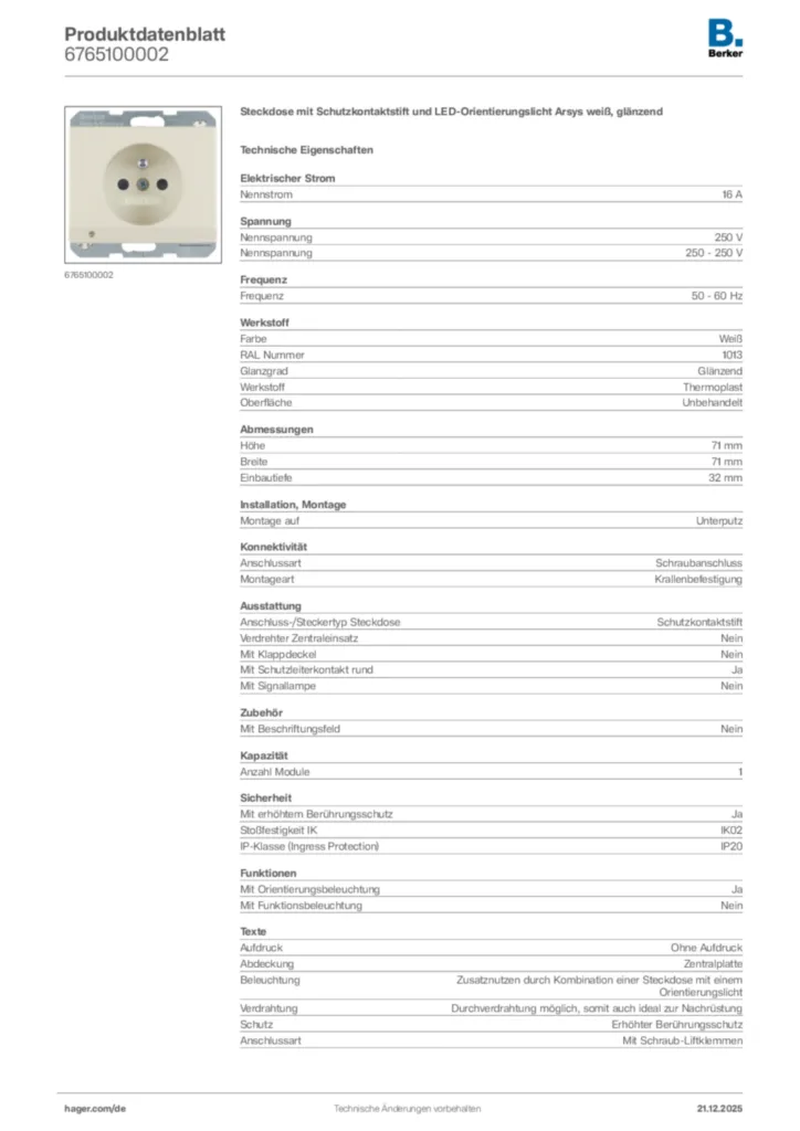 Bild Berker Produktdatenblatt 6765100002 | Hager Deutschland