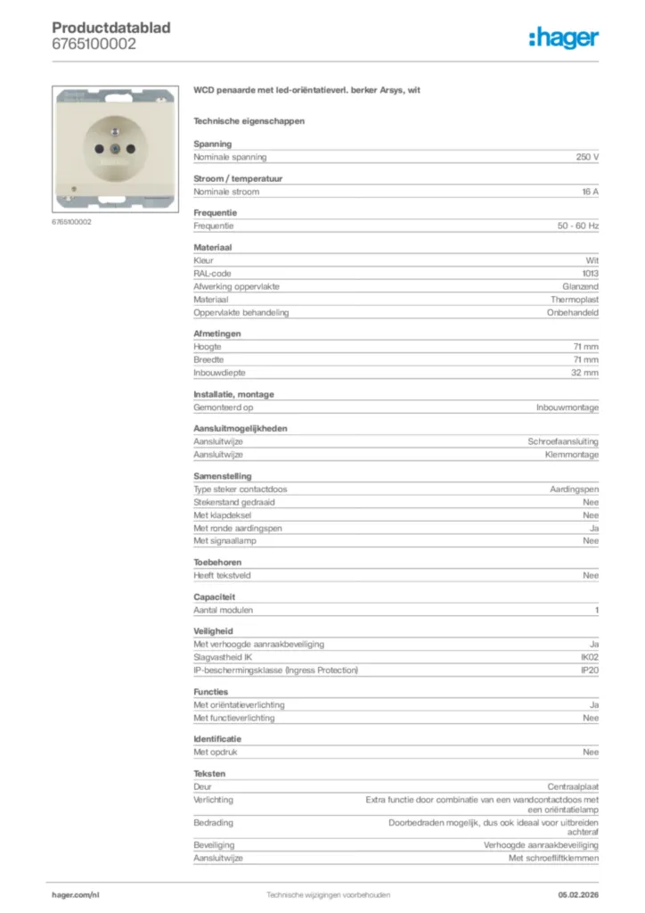 Afbeelding Hager Productdatablad 6765100002 | Hager Nederland