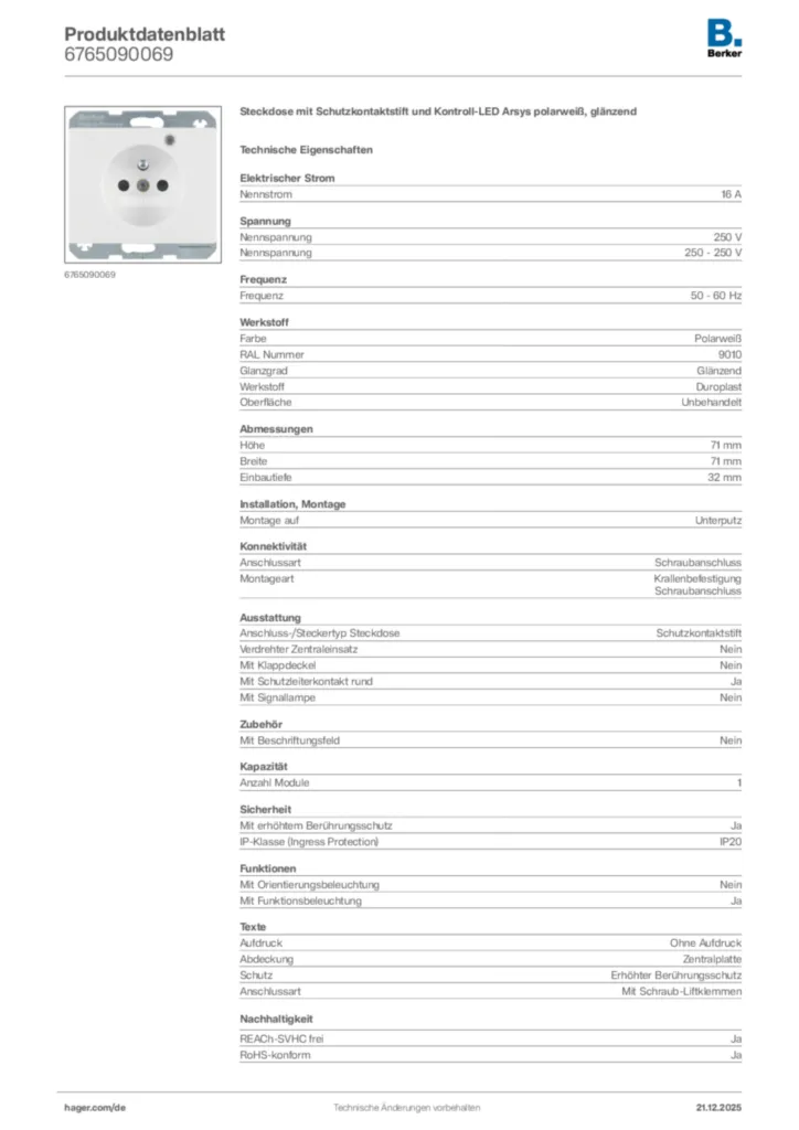 Bild Berker Produktdatenblatt 6765090069 | Hager Deutschland