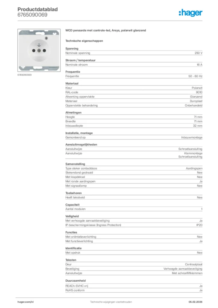 Afbeelding Hager Productdatablad 6765090069 | Hager Nederland