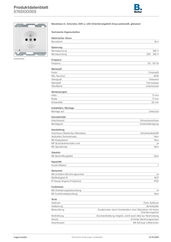 Bild Berker Produktdatenblatt 6765100069 | Hager Deutschland