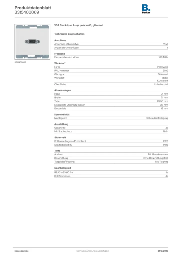 Bild Berker Produktdatenblatt 3315400069 | Hager Deutschland