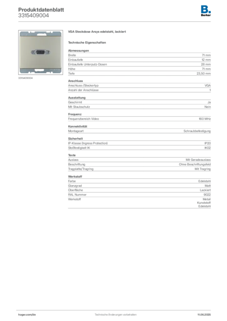Bild Berker Produktdatenblatt 3315409004 | Hager Deutschland
