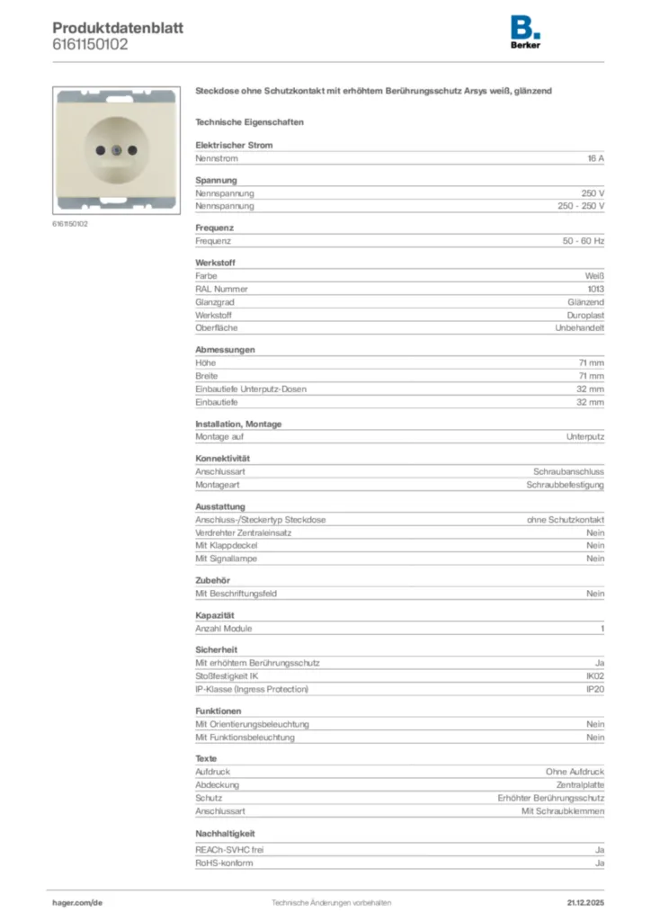 Bild Berker Produktdatenblatt 6161150102 | Hager Deutschland