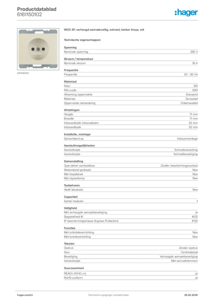 Afbeelding Hager Productdatablad 6161150102 | Hager Nederland