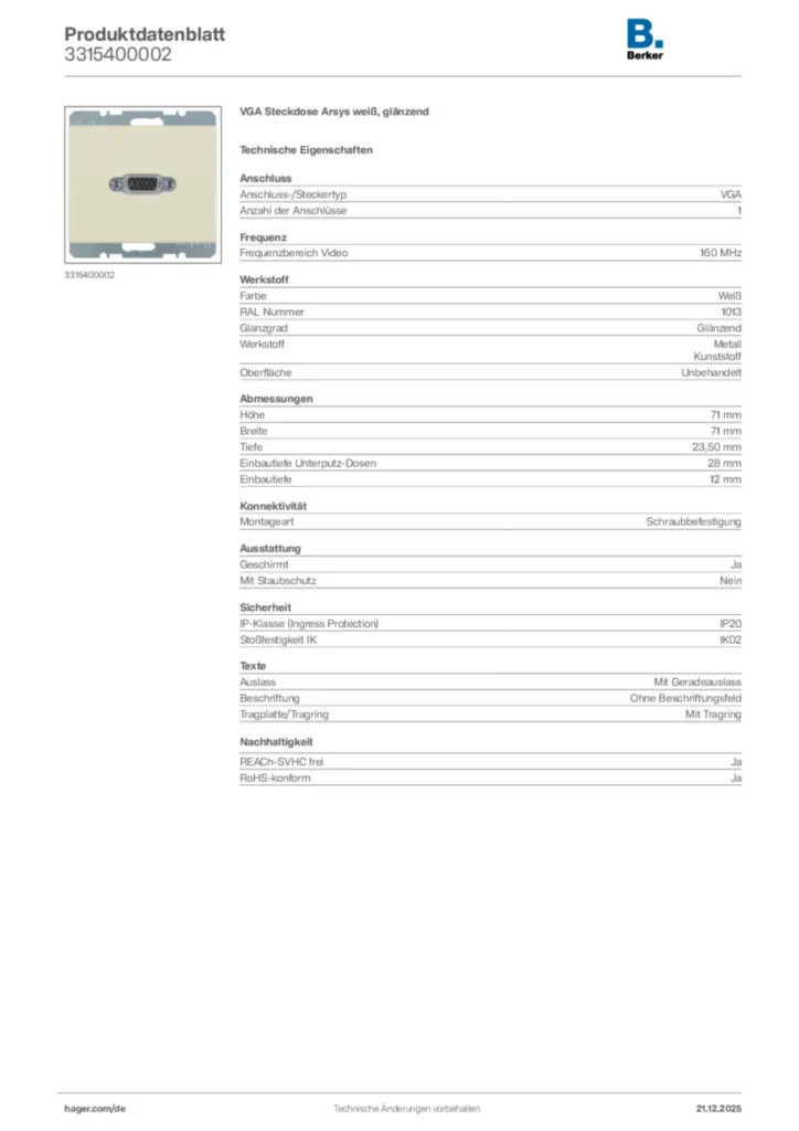 Bild Berker Produktdatenblatt 3315400002 | Hager Deutschland