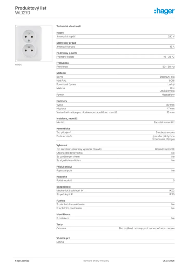 Obrázek Hager Product data sheet WL1270 | Hager