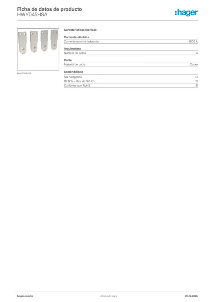 Imagen Hager Ficha de datos de producto HWY045HSA | Hager España