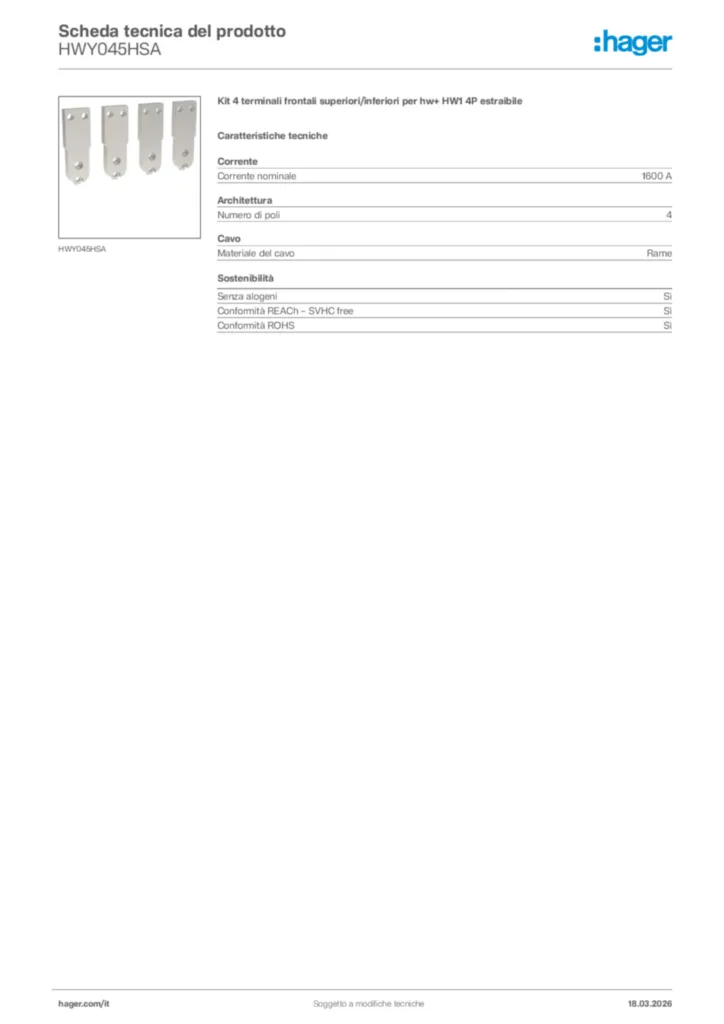 Immagine Hager Scheda tecnica del prodotto HWY045HSA | Hager Italia