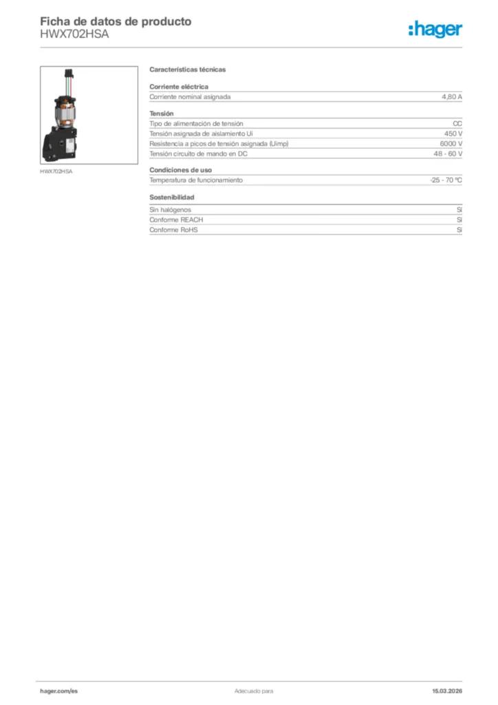 Imagen Hager Ficha de datos de producto HWX702HSA | Hager España