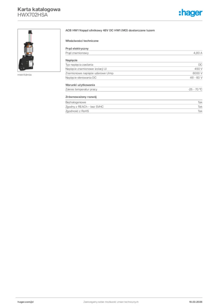 Zdjęcie Hager Karta katalogowa HWX702HSA | Hager Polska