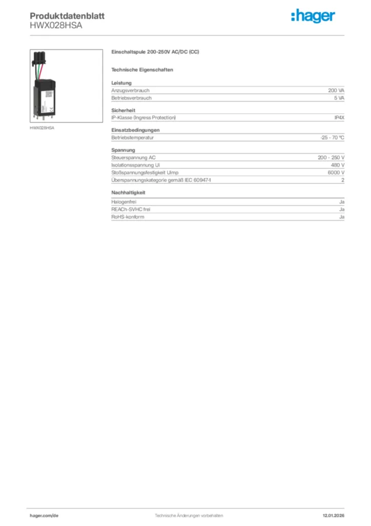 Bild Hager Produktdatenblatt HWX028HSA | Hager Deutschland