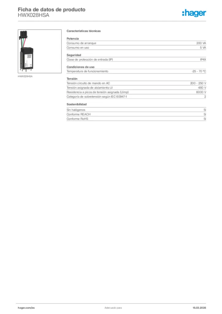 Imagen Hager Ficha de datos de producto HWX028HSA | Hager España