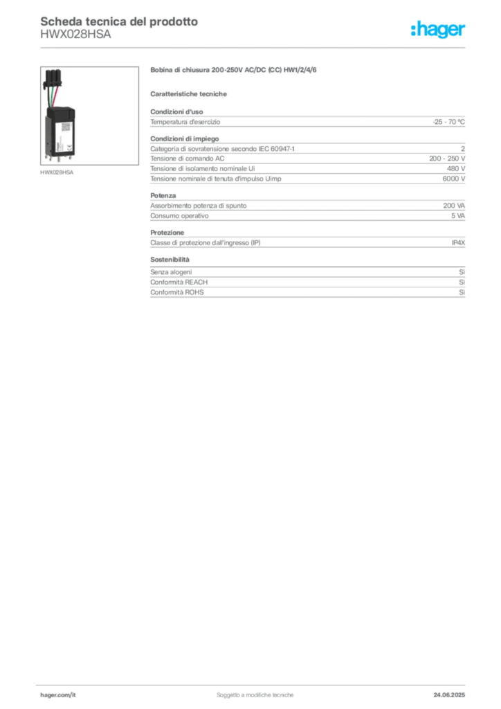 Immagine Hager Scheda tecnica del prodotto HWX028HSA | Hager Italia