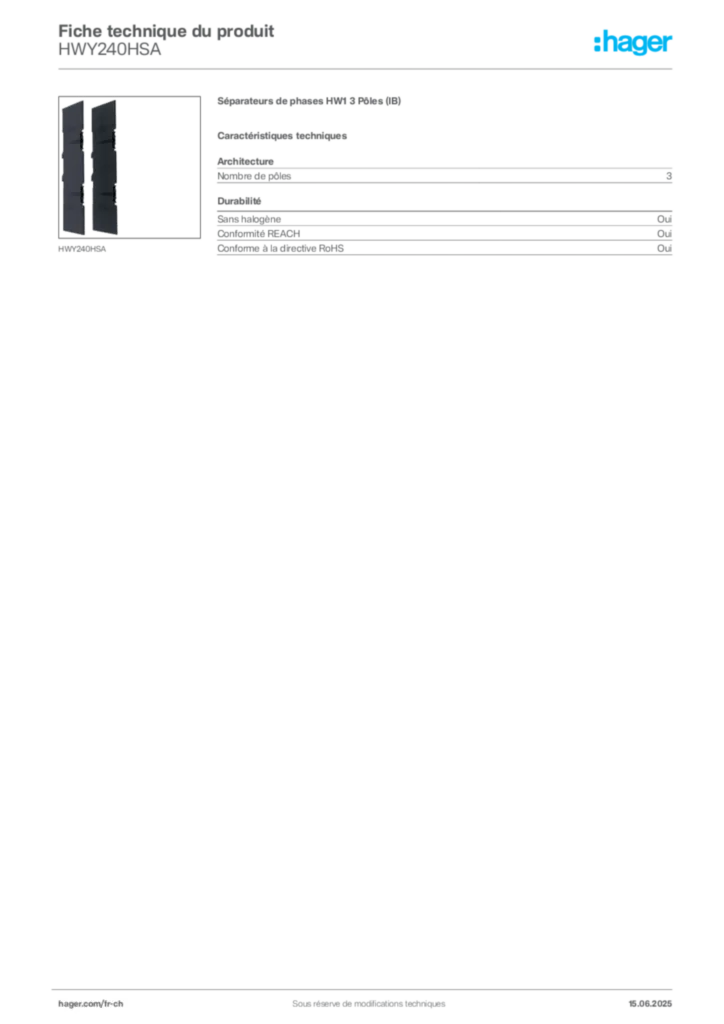 Image Hager Fiche technique du produit HWY240HSA | Hager Suisse