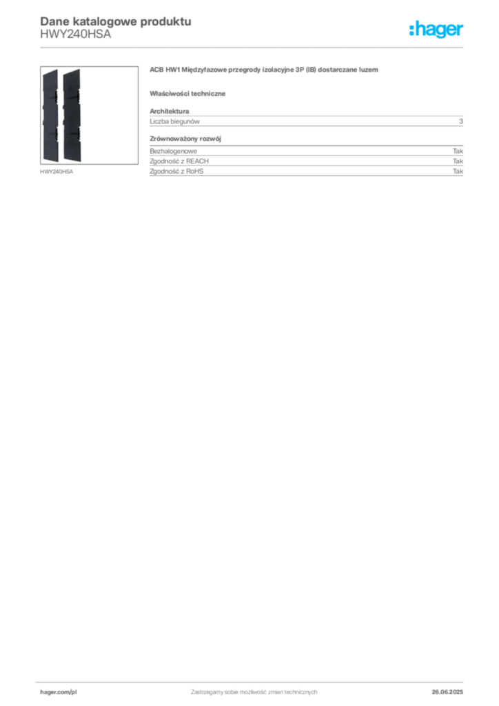 Zdjęcie Hager Dane katalogowe produktu HWY240HSA | Hager Polska