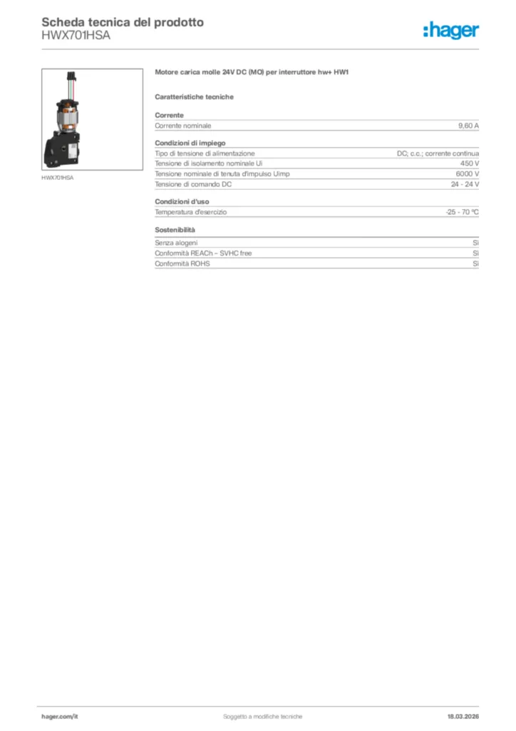 Immagine Hager Scheda tecnica del prodotto HWX701HSA | Hager Italia