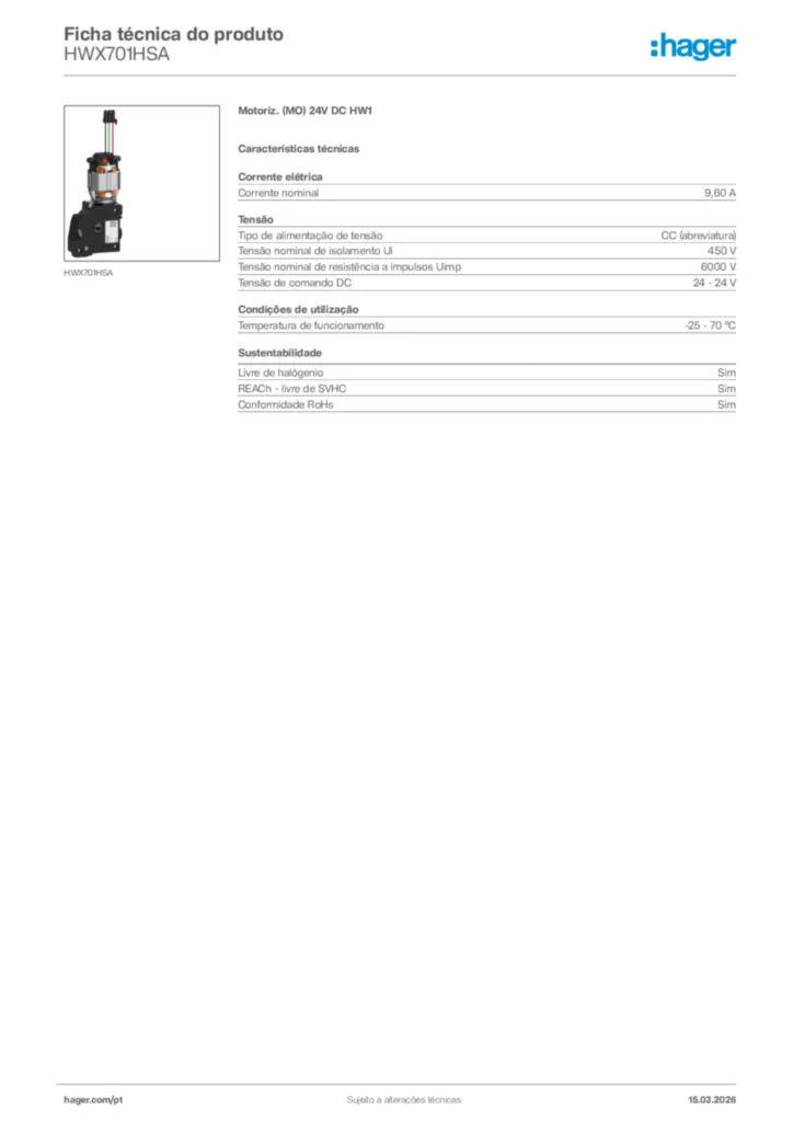 Imagem Hager Ficha técnica do produto HWX701HSA | Hager Portugal