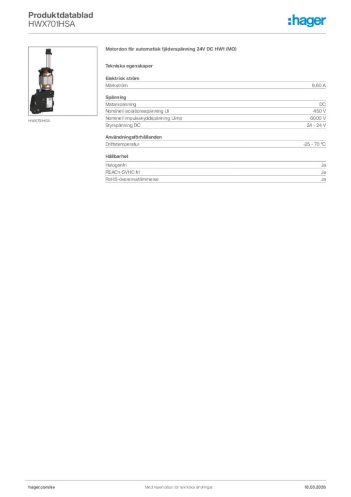 Bild Hager Produktdatablad HWX701HSA | Hager Sverige