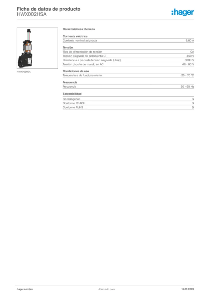Imagen Hager Ficha de datos de producto HWX002HSA | Hager España