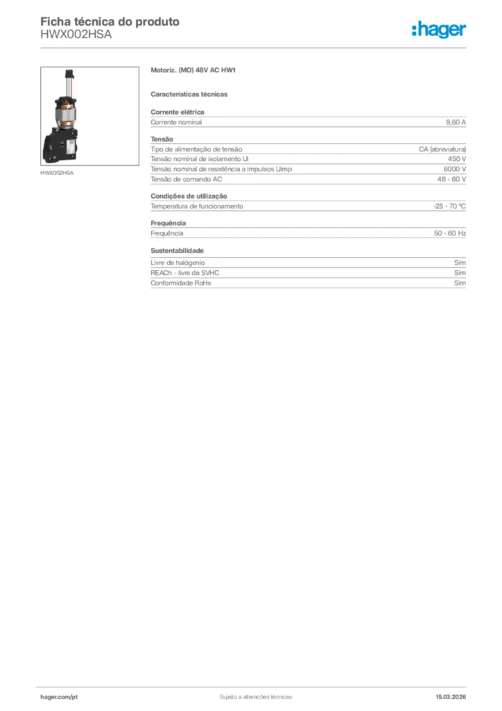 Imagem Hager Ficha técnica do produto HWX002HSA | Hager Portugal