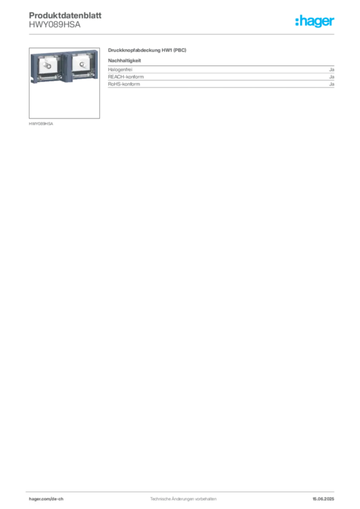 Bild Hager Produktdatenblatt HWY089HSA | Hager Schweiz