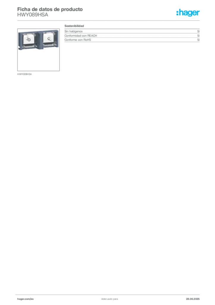 Imagen Hager Ficha de datos de producto HWY089HSA | Hager España