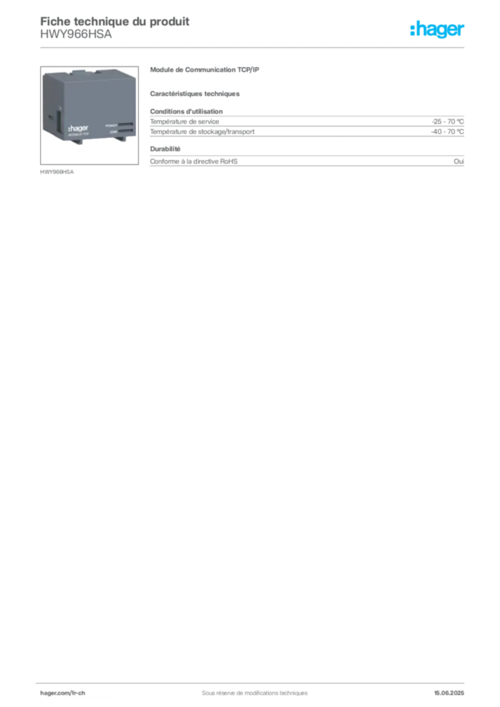 Image Hager Fiche technique du produit HWY966HSA | Hager Suisse