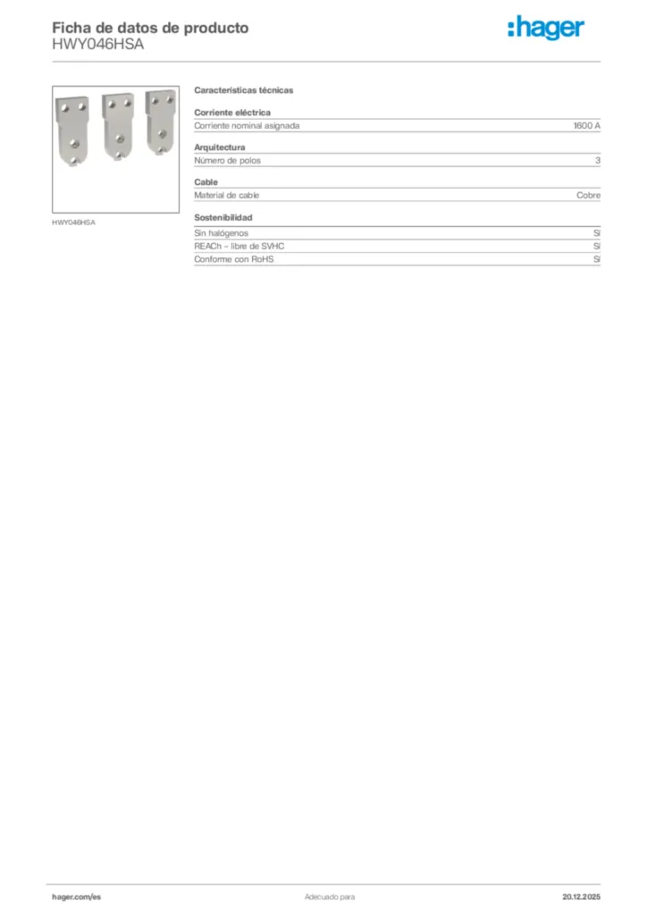 Imagen Hager Ficha de datos de producto HWY046HSA | Hager España