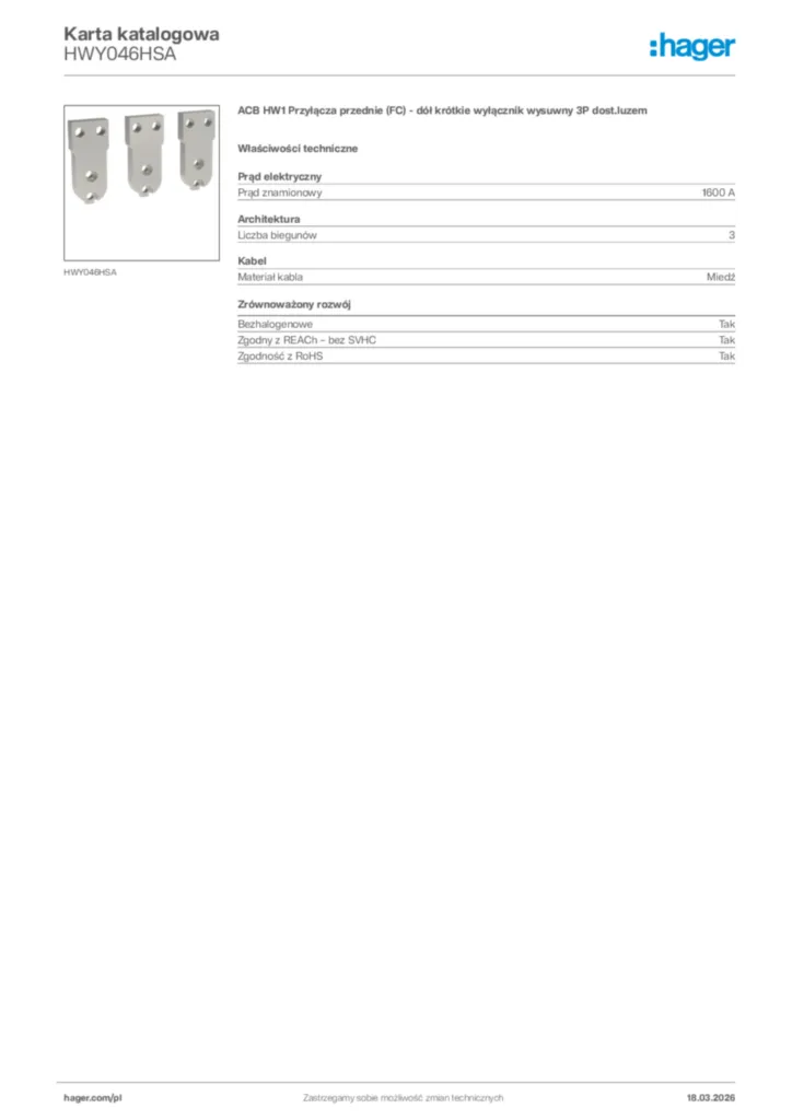 Zdjęcie Hager Karta katalogowa HWY046HSA | Hager Polska