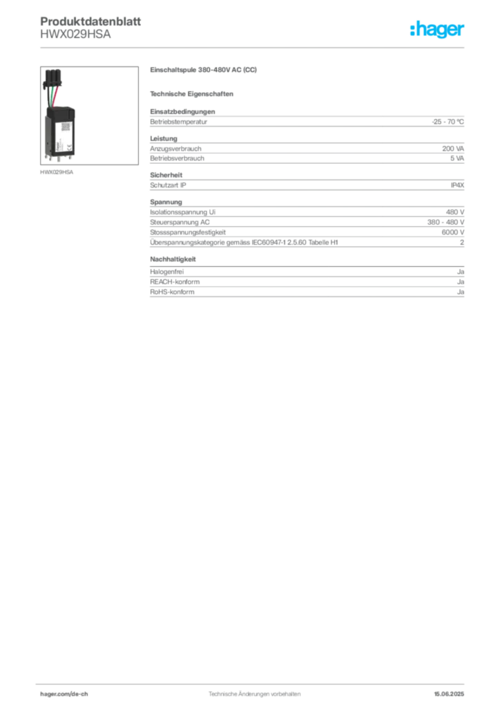 Bild Hager Produktdatenblatt HWX029HSA | Hager Schweiz