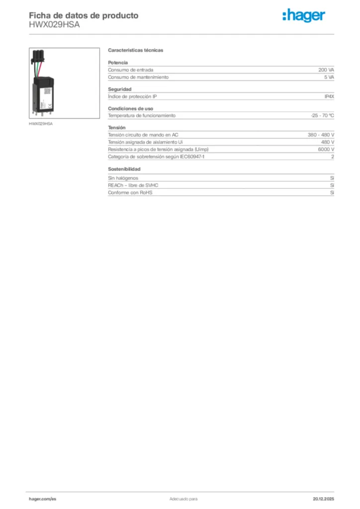 Imagen Hager Ficha de datos de producto HWX029HSA | Hager España