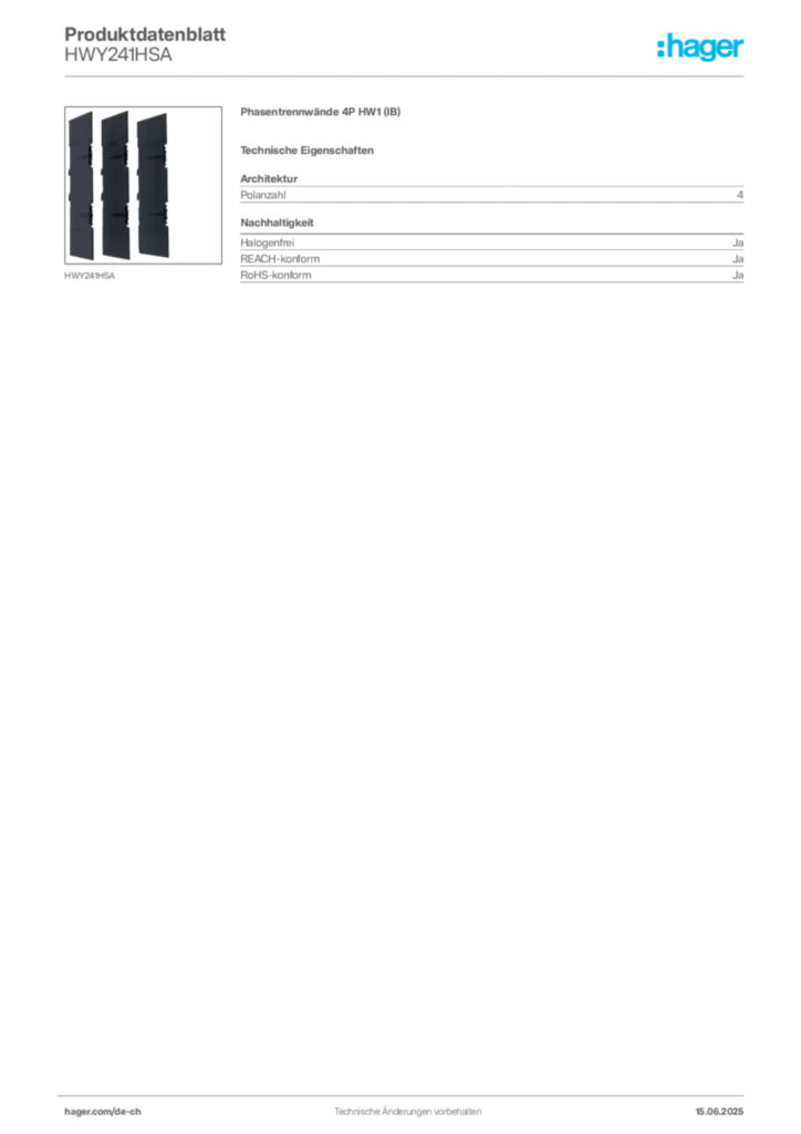 Bild Hager Produktdatenblatt HWY241HSA | Hager Schweiz