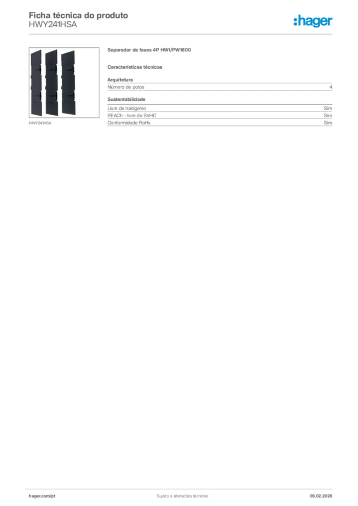Imagem Hager Ficha técnica do produto HWY241HSA | Hager Portugal