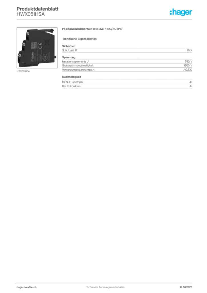 Bild Hager Produktdatenblatt HWX051HSA | Hager Schweiz