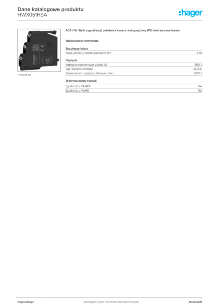 Zdjęcie Hager Dane katalogowe produktu HWX051HSA | Hager Polska