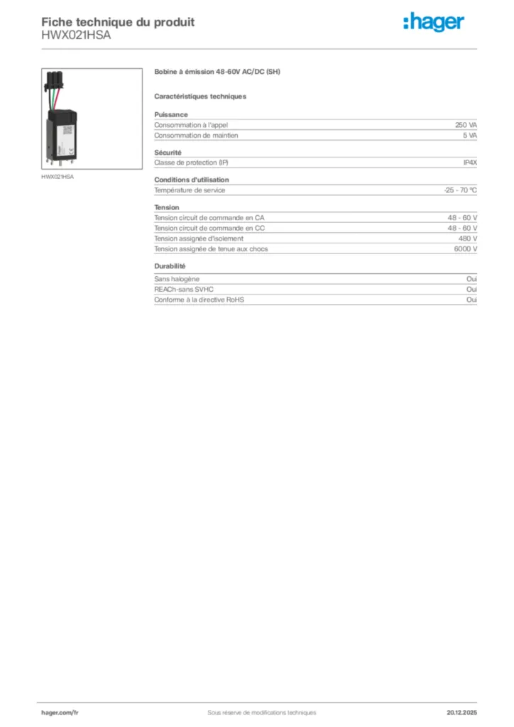 Image Hager Fiche technique du produit HWX021HSA | Hager France