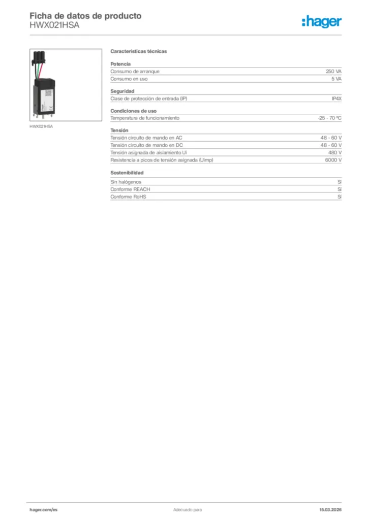 Imagen Hager Ficha de datos de producto HWX021HSA | Hager España