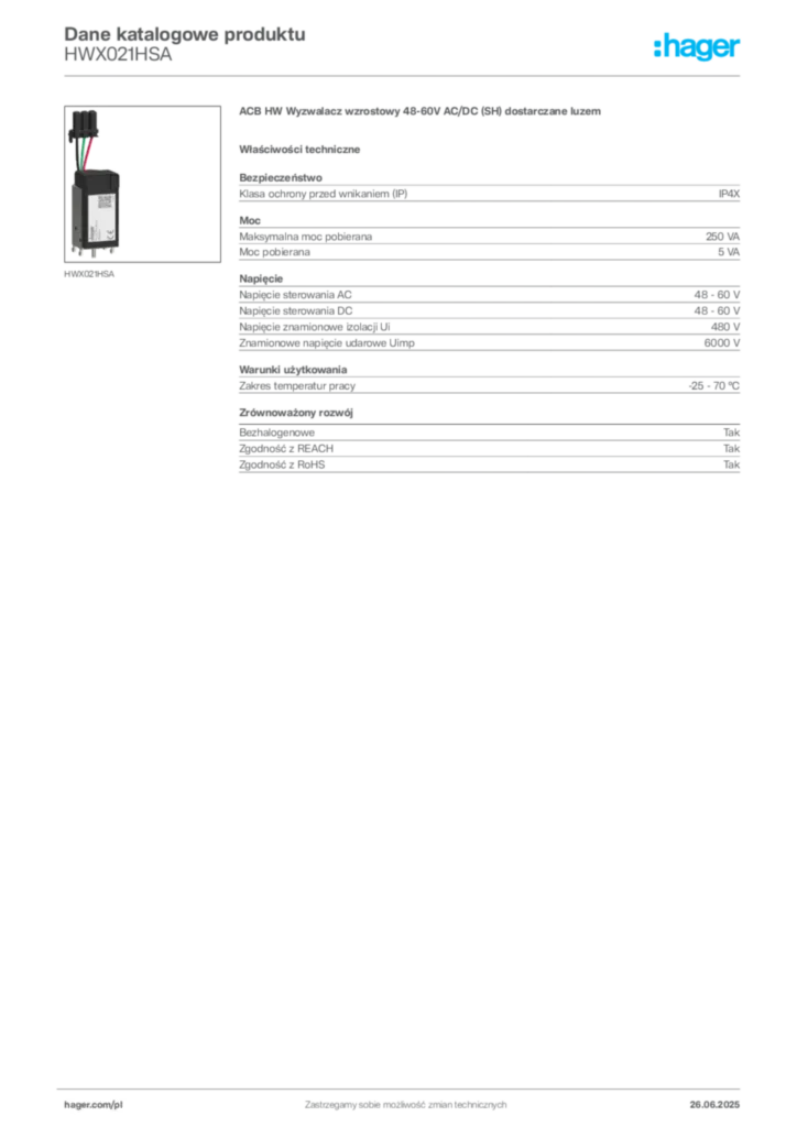 Zdjęcie Hager Dane katalogowe produktu HWX021HSA | Hager Polska