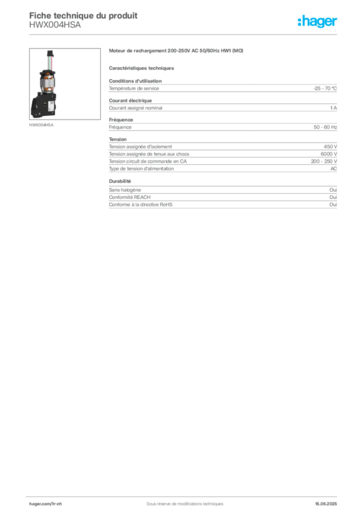 Image Hager Fiche technique du produit HWX004HSA | Hager Suisse