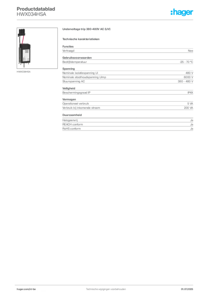 Afbeelding Hager Productdatablad HWX034HSA | Hager Belgium