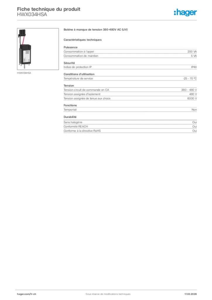 Image Hager Fiche technique du produit HWX034HSA | Hager Suisse