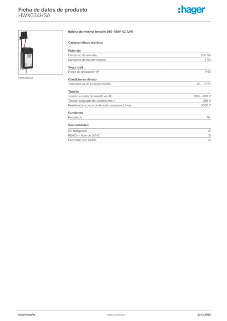 Imagen Hager Ficha de datos de producto HWX034HSA | Hager España