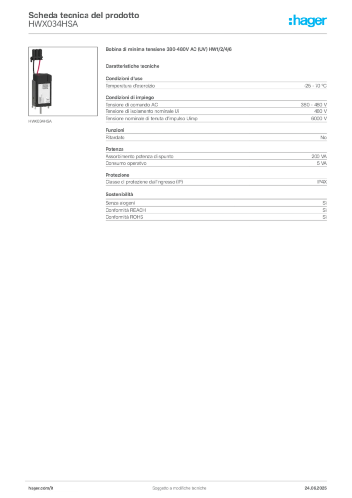 Immagine Hager Scheda tecnica del prodotto HWX034HSA | Hager Italia