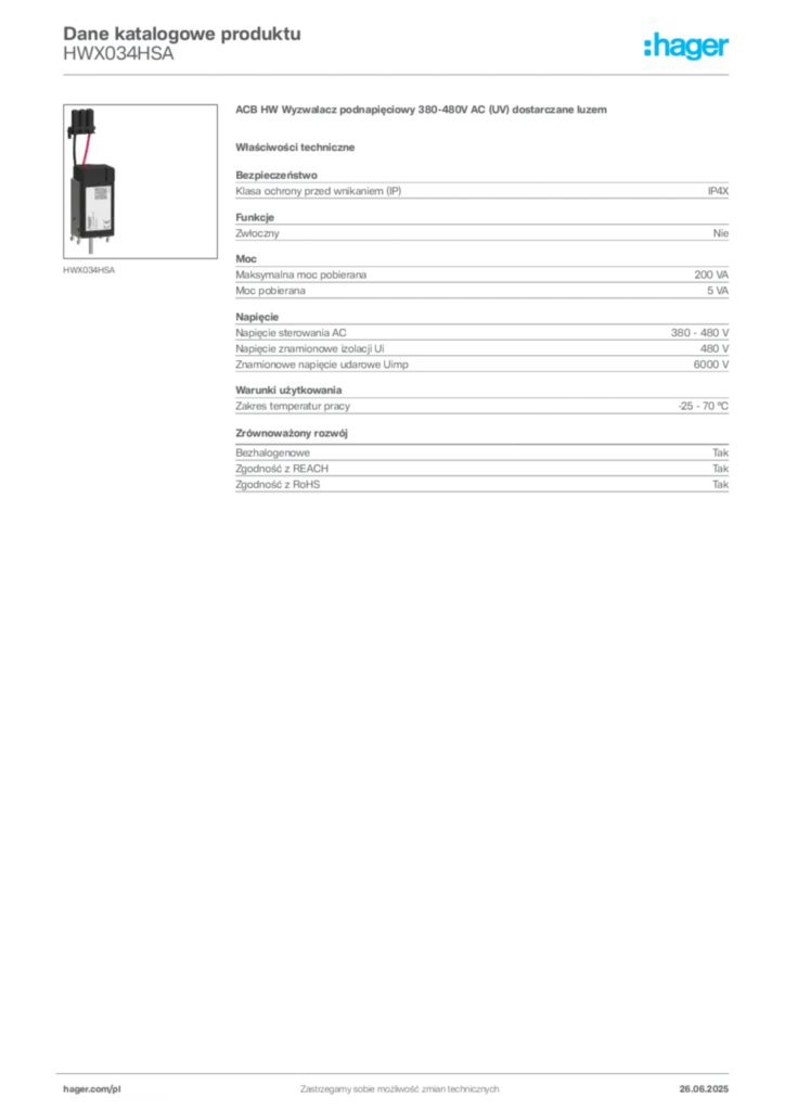 Zdjęcie Hager Dane katalogowe produktu HWX034HSA | Hager Polska