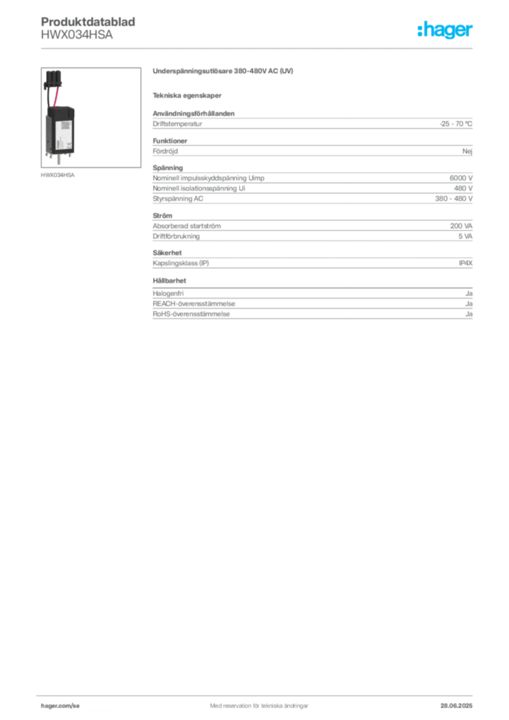 Bild Hager Produktdatablad HWX034HSA | Hager Sverige