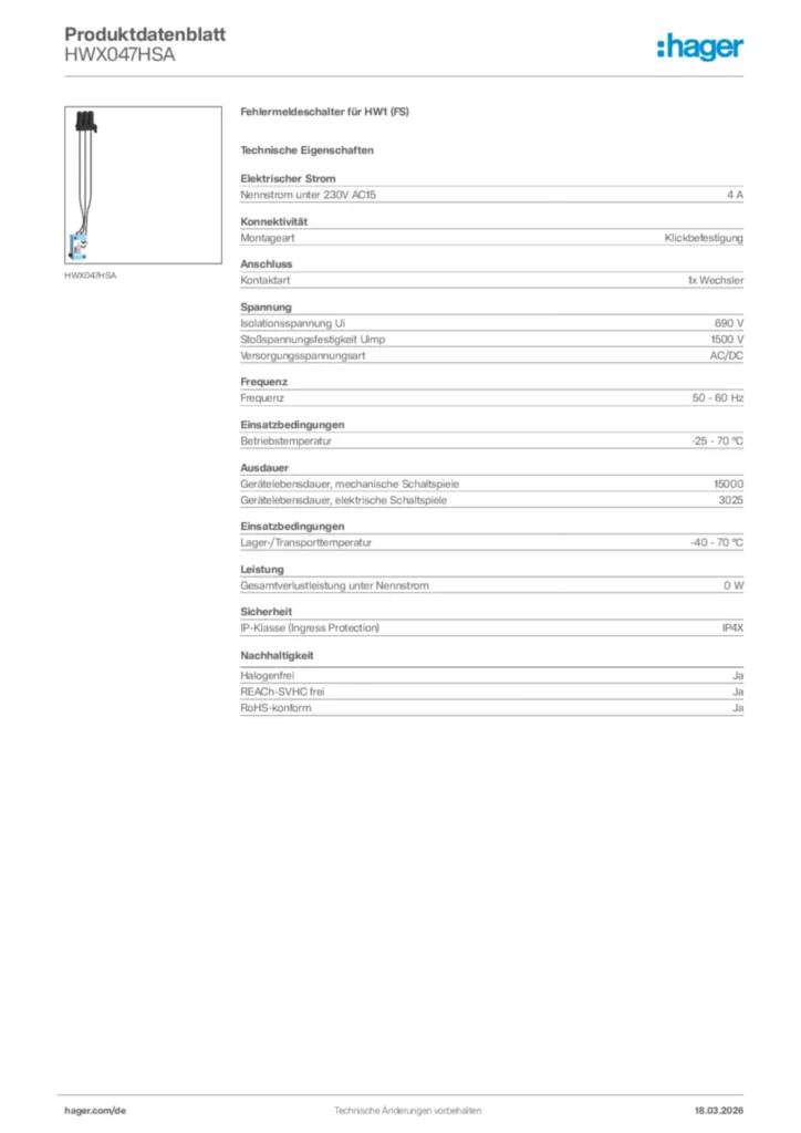 Bild Hager Produktdatenblatt HWX047HSA | Hager Deutschland