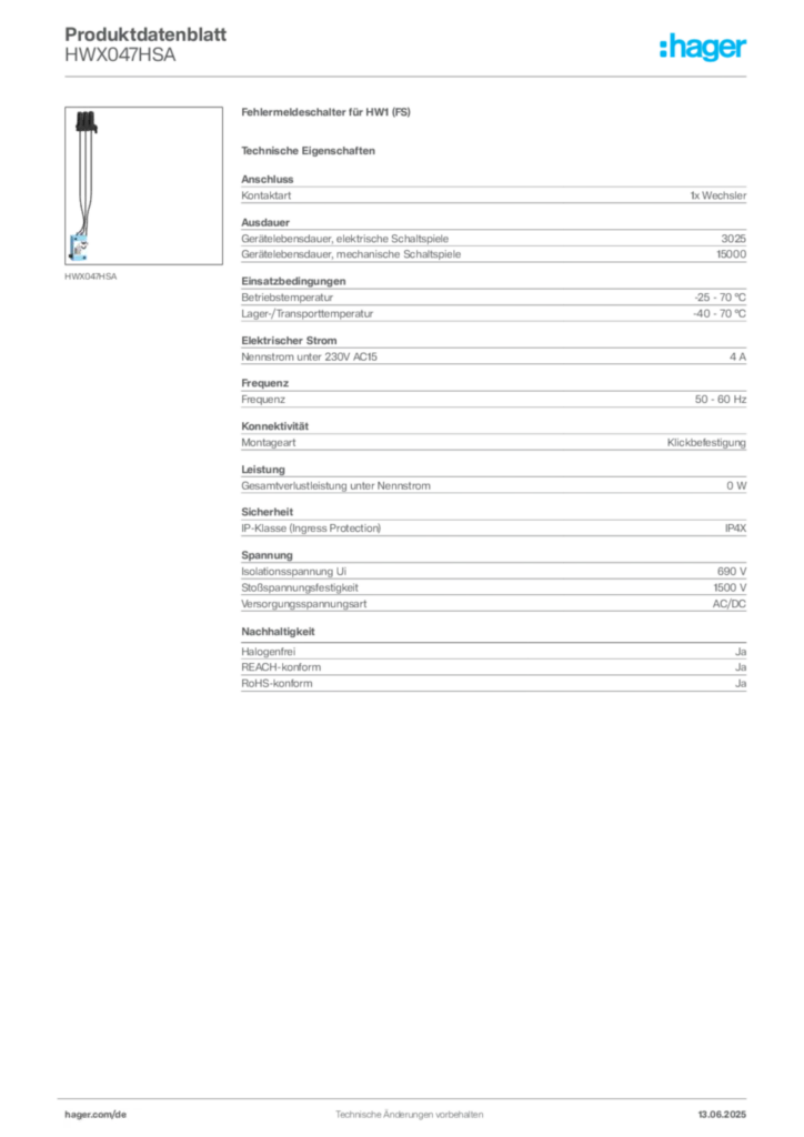 Bild Hager Produktdatenblatt HWX047HSA | Hager Deutschland