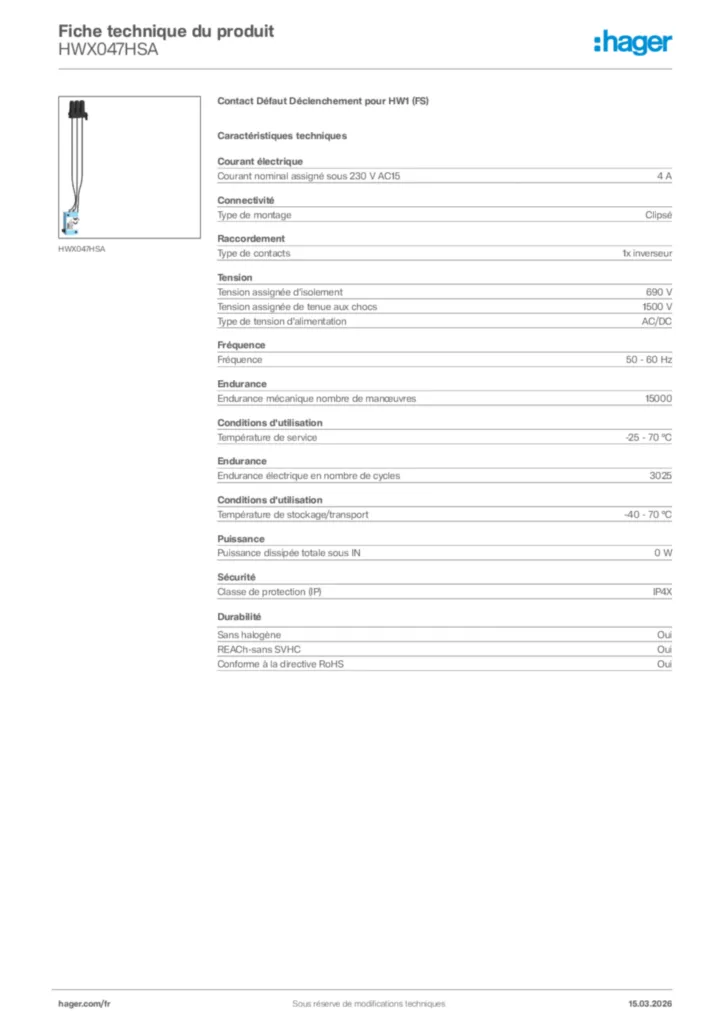 Image Hager Fiche technique du produit HWX047HSA | Hager France