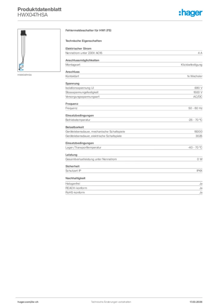 Bild Hager Produktdatenblatt HWX047HSA | Hager Schweiz